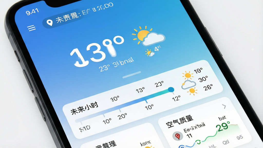 一张手机屏幕展示天气应用主界面的图片,画面中央是大号温度数字与晴转多云图标,下方为未来两小时降雨时间轴与空气质量卡片,整体采用蓝白渐变配色,风格清爽简洁,细节包含定位街道名称与更新时间,画质清晰干净,无多余元素