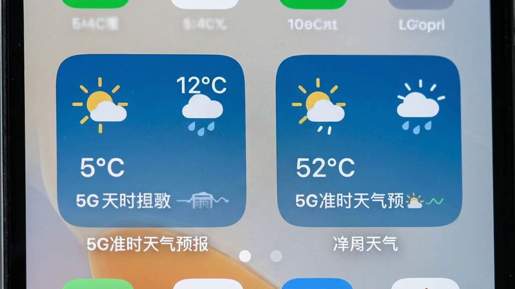 一张手机桌面展示天气小组件的图片,画面中桌面排列两个不同尺寸的天气卡片,分别显示温度图标与降雨提醒文字,背景为简洁壁纸,风格日常真实,细节包含“5G准时天气预报”小组件名称,画质清晰干净