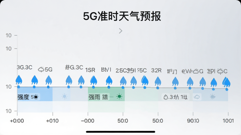 一张展示天气应用分钟级降水时间轴的界面图,画面中横向时间轴标注未来两小时刻度,蓝色雨滴图标沿时间轴分布,顶部显示“5G准时天气预报”字样,背景为浅灰渐变,风格现代简约,细节包含降雨强度色块与文字提示,画质清晰干净
