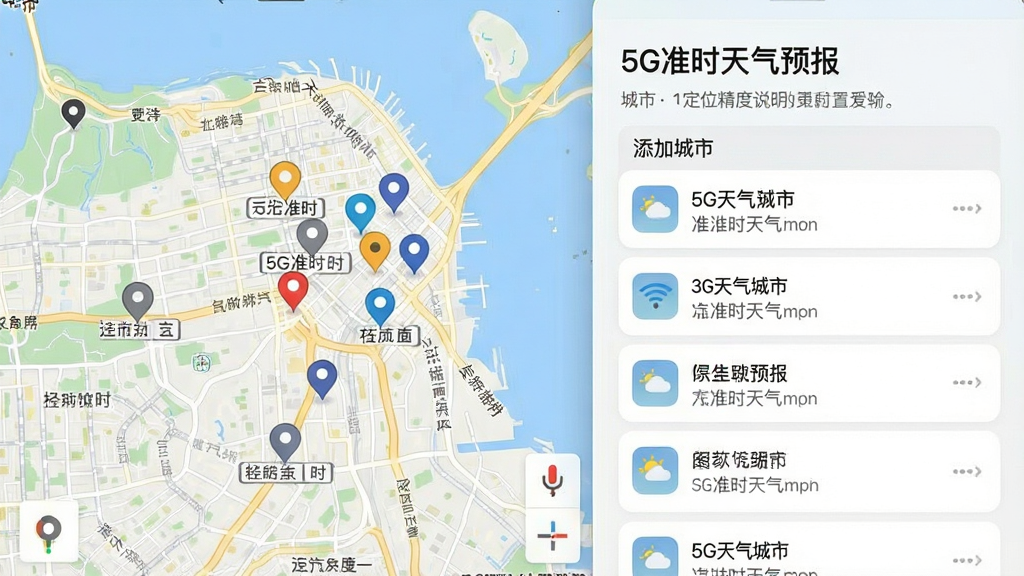 一张天气应用定位设置界面图,画面显示地图上多个定位标记点与街道名称标签,右侧为已添加城市列表,顶部有“5G准时天气预报”标题,风格为浅色卡片式布局,细节包含定位精度说明文字,画质清晰干净