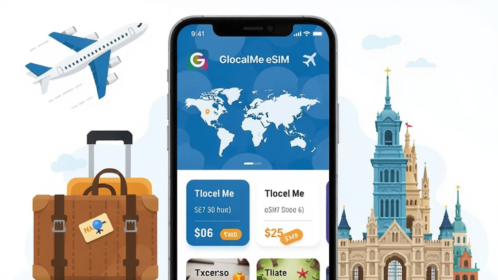 ����������һ�������ֻ�����Ļ��ʾ GlocalMe eSIM Ӧ�ý��棬�����а��������ͼ�������ײͿ�Ƭ���ֻ���Χ�����ŷɻ��������䡢�ر꽨��������Ԫ�أ����ֲ��������ҶԳƹ�ͼ�����Ϊ�ִ���ƽ���廭��ϸ����ͻ��Ӧ��ͼ�����ײͼ۸��ǩ���������������������ɾ�������Ԫ��