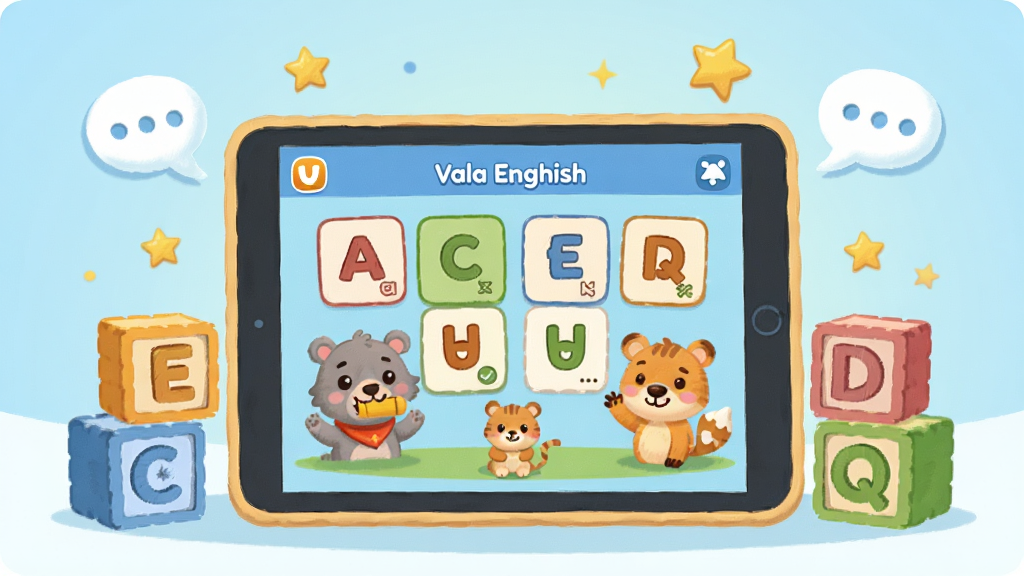 һ��չʾ��ͯӢ��ѧϰ�����Ĳ廭�����������ǿ�ͨ����ƽ�������Ļ����Ļ����ʾ����Ӣ��Ӧ�ý��棬����ĸ��Ƭ�Ϳ�ͨ�����ɫ����Ļ��Χ�����Ų�ɫ��ĸ��ľ��С���ǺͶԻ����ݣ�����Ϊ��͵�ǳ��ɫ���䣬����������죬ϸ�ڷḻ�������������ɾ����࣬�޶���Ԫ��