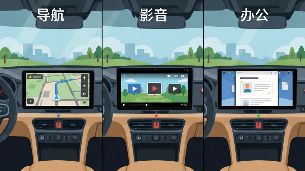 手机车机快速投屏多场景应用展示,画面分割为三个区域分别展示导航地图投屏、视频播放投屏、文档展示投屏,布局为横向三栏并列,排版每栏顶部标注场景名称“导航”“影音”“办公”,风格为清新扁平插画风,细节包含车内视角与屏幕内容对应关系,画质清晰干净
