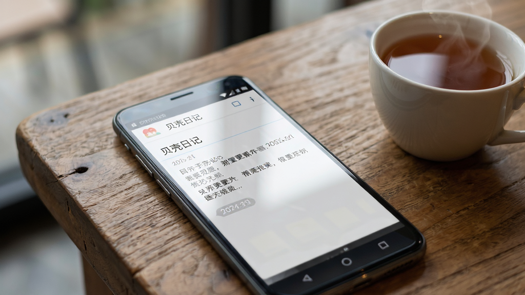 画面主体是一部安卓手机屏幕特写,屏幕上显示“贝壳日记”的纯文字编辑界面,界面中有几行中文日记文字和日期标签,手机平放在木质桌面上,旁边有一杯热茶,布局为手机居中、背景虚化,风格生活化写实,细节包括屏幕反光、茶的热气、木纹质感,画质清晰干净,无多余元素