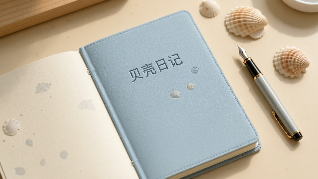 画面中央是一本摊开的浅蓝色日记本,封面印有“贝壳日记”四个中文字,日记本旁边放着一支钢笔和几片贝壳装饰,背景是柔和的暖色书桌桌面,布局采用俯视平铺构图,风格清新简约,细节包括日记本纸张纹理、贝壳的自然弧度、柔和阴影,画质清晰干净,无多余元素