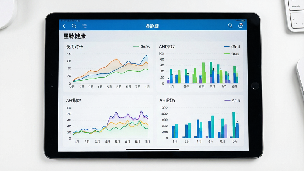 平板电脑屏幕展示星脉健康应用的数据报表页面,页面中包含多张彩色折线图和柱状图,图表标注“使用时长”“AHI指数”等文字,背景为干净白色桌面,构图正面平视,风格清爽数据可视化风格,细节精确,画质高清无杂乱元素