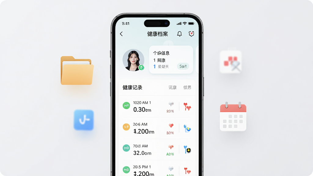 手机屏幕显示星脉健康应用的健康档案页面,页面包含用户头像、个人信息卡片和按时间排列的健康记录列表,旁边漂浮文件夹和日历图标,背景为浅灰色简洁风格,构图居中,细节清晰,画质高清干净