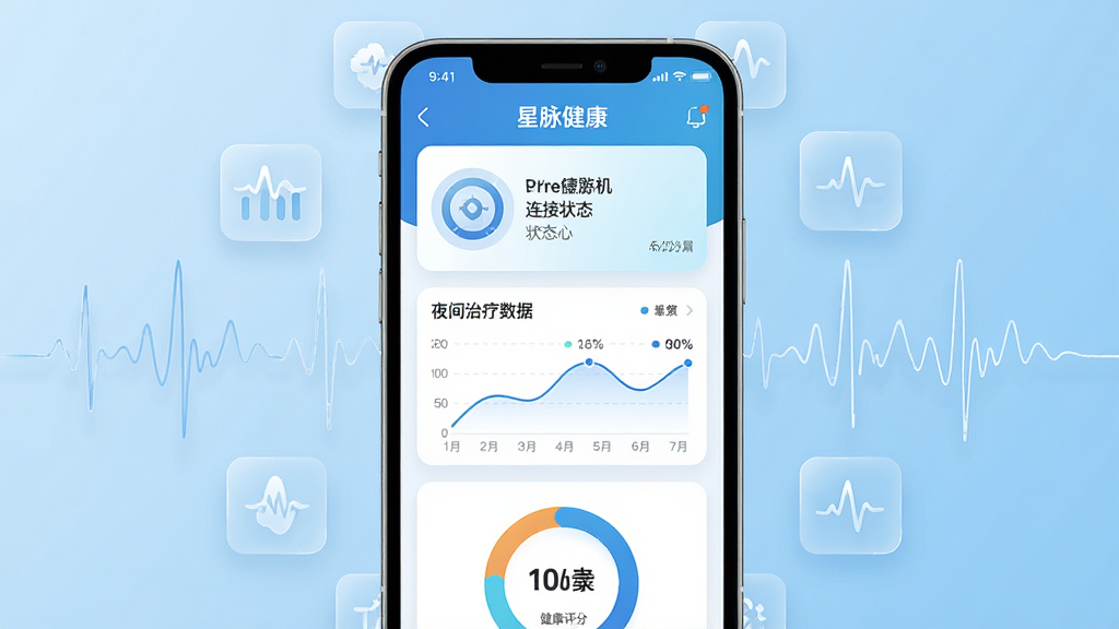 手机屏幕中央展示星脉健康应用主界面,界面包含呼吸机连接状态卡片、夜间治疗数据折线图和健康评分环形图,背景为浅蓝渐变医疗风格,手机两侧漂浮半透明数据图标和呼吸波形线条,整体布局居中对齐,风格简洁现代科技感,细节清晰锐利,画质高清干净无多余元素