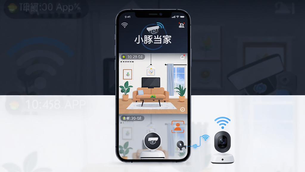 ����Ϊһ�������ֻ����аڷţ���Ļ��չʾС�൱��APP�ļ�ػ�����棬�������п�������������ͷͼ�ꣻ���ֲ������·ֲ㣬�Ϸ����������������֣��·�Ϊ�ֻ�������ͷ�豸����ʾ�⣻�Ű�����У����Ϊ�ִ��Ƽ��б�ƽ�廭��ϸ�ڰ���WiFi�źŲ��ơ�¼��ʱ�������������ʶ�����ʸ��塢�ɾ����޶���Ԫ��