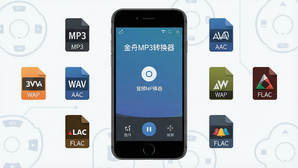 һ��չʾ����MP3ת�����ֻ����������ͼƬ�������������ֻ���Ļ����Ļ����ʾ�������ơ�����MP3ת����������Ƶ��ʽת��������ڣ���Χ����MP3��WAV��AAC��FLAC�ȸ�ʽͼ�꣬���ּ���������Ű�Ϊ���й�ͼ�����Ϊ�ִ��Ƽ��б�ƽ����ƣ�ϸ�ڰ����ֻ��߿򡢹��ܰ�ť����ʽ��ǩ�����ʸ���ɾ��޶���Ԫ��