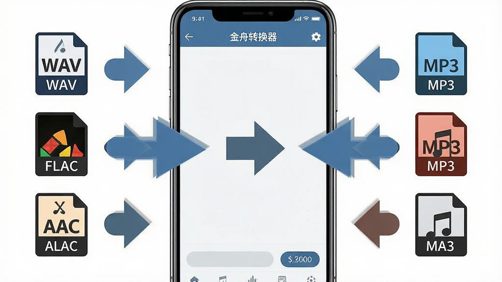 һ��չʾ����MP3ת������ʽת�����ܵ�ͼƬ����������Ϊ�ֻ���Ļ�ڶ����Ƶ��ʽͼ�����г�ת����ͷ���࣬���ΪWAV��FLAC��AAC���Ҳ�ΪMP3���м����ת����ͷ��ʶ������Ϊ���ҶԳƹ�ͼ�����Ϊ��������ƽ�磬ϸ�ڰ�����ʽͼ�ꡢת����ͷ���ֻ�����Ԫ�أ����������ɾ��޶���Ԫ��