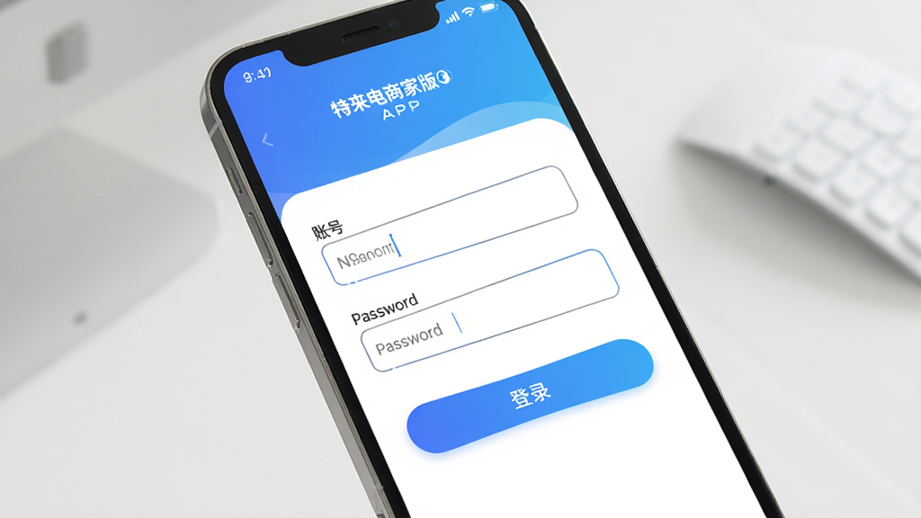 �������̼Ұ�APP��¼����չʾ���ֻ���Ļ�ϣ������˺������������������¼��ť������������׽�����ɫ������Ϊ����ǳɫ���������Ϊ�ִ��ƶ�Ӧ�ý�ͼ��ϸ�ڰ��������������������Ʒ�Ʊ�ʶ�����ʸ��壬����ɾ����޶���Ԫ��
