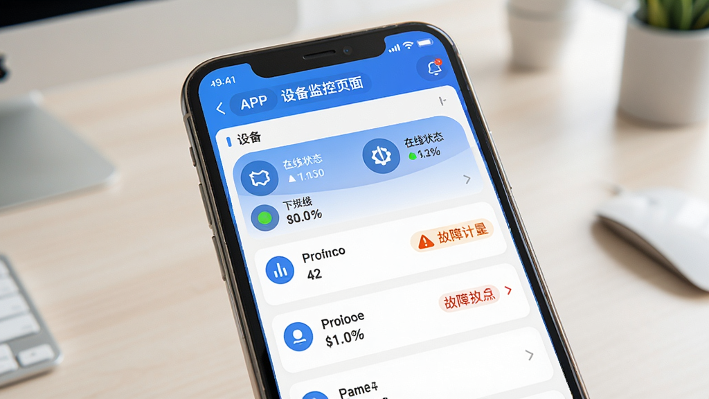 �������̼Ұ�APP�豸���ҳ��չʾ���ֻ���Ļ�ϣ���������豸�б�������״ָ̬ʾ����������ѱ�ʶ��������ɫ�����뿨Ƭʽ���֣�����Ϊǳɫ�칫���棬���Ϊ�Ƽ��в�Ʒ��ͼ��ϸ�ڰ���״̬ͼ�������ݱ�ǩ�����ʸ��壬����ɾ����޶���Ԫ��