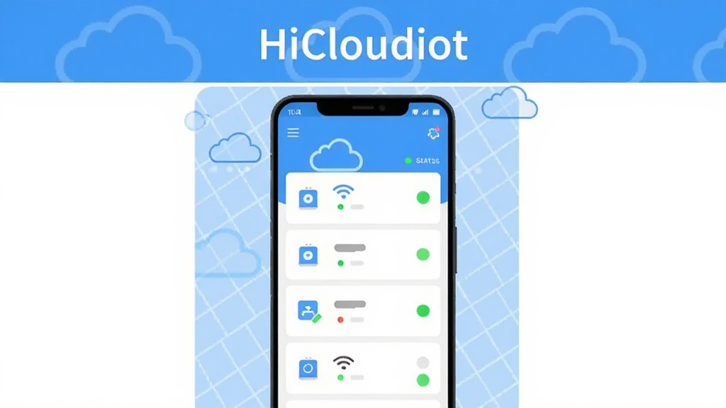 ��������Ϊһ��������׿�ֻ����ֻ���Ļ������ʾ HiCloudiot Ӧ�������棬��������豸�б���Ƭ��״ָ̬ʾ�ƣ��ֻ�����ǳ��ɫ�������ƶ�ͼ�깹�ɱ���������Ϊ�ֻ����С������������ף��Ű�������·ֲ㣬�Ϸ�Ϊ�����������֡�HiCloudiot�����·�Ϊ�ֻ����壻���Ϊ��ˬ�Ƽ���ƽ�廭��ϸ�ڰ����豸ͼ�ꡢ�źŲ��ơ�Բ��״̬�㣻�����������ɾ����޶���Ԫ��