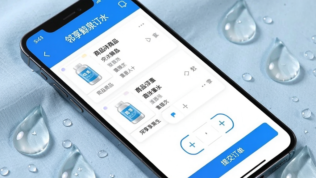��������Ϊ�ֻ���Ļ��д����Ļ����ʾ������Ȫ��ˮ�µ�ҳ�棬������Ʒ�б�������ѡ�������ύ������ť���ֻ�б���ڵ���ɫ�������ϣ��Ա�ɢ�伸öˮ����״װ��������ִ���Լ��UIչʾ���������ɫ������Ԫ����������������Ϊ�Խ��߹�ͼ���ֻ���������������б��ϸ�ڰ�����ť�߹⡢�б��ָ�����ˮ��͸���ʸУ����ʸɾ������������ұ���Ԫ��