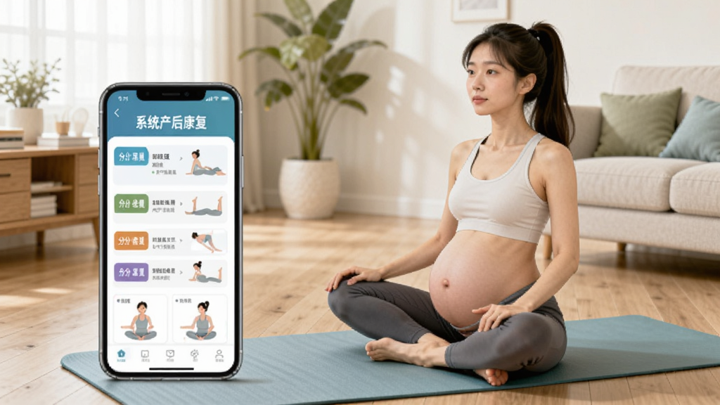 画面中一位年轻女性坐在瑜伽垫上进行产后呼吸训练,身旁放置一部手机,手机屏幕显示“系统产后康复”课程页面,页面中有分阶段课程列表与动作示意图,背景为明亮温馨的家居客厅,浅色木地板与绿植点缀,风格为写实插画,构图简洁,细节丰富,画质清晰,画面干净无多余元素