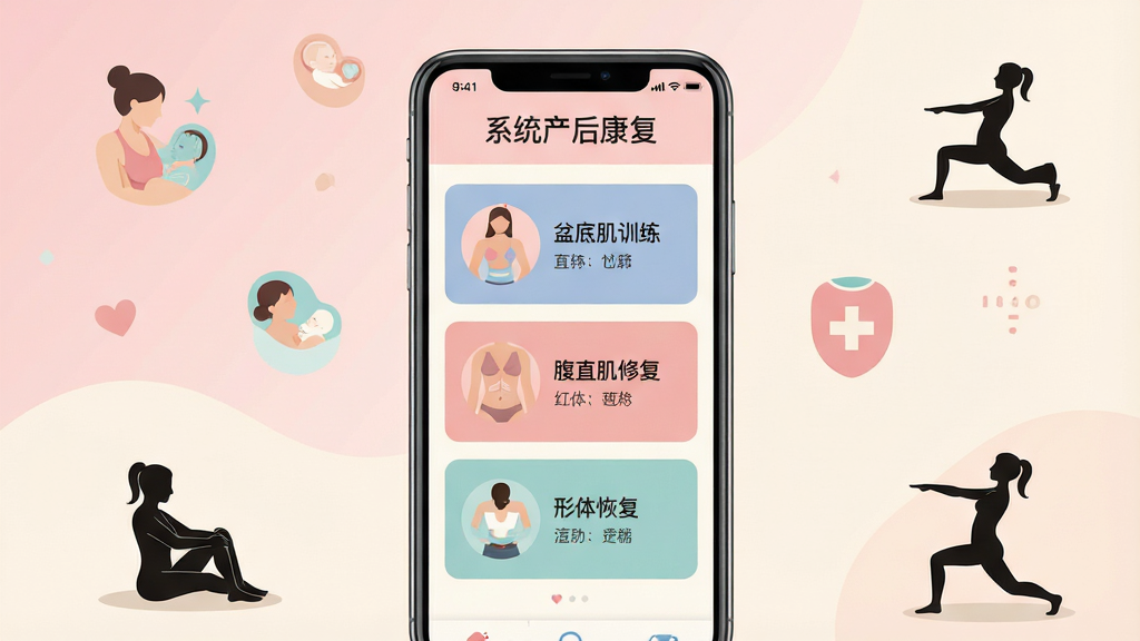 一张展示孕产康复主题的手机应用界面效果图,画面中央是一部竖屏智能手机,屏幕上显示“系统产后康复”应用首页,包含盆底肌训练、腹直肌修复、形体恢复等功能卡片,背景为柔和的浅粉色与米白色渐变,周围点缀简约的母婴护理图标与训练小人剪影,整体采用扁平化插画风格,排版干净整齐,细节清晰,画质高清,画面干净无多余元素