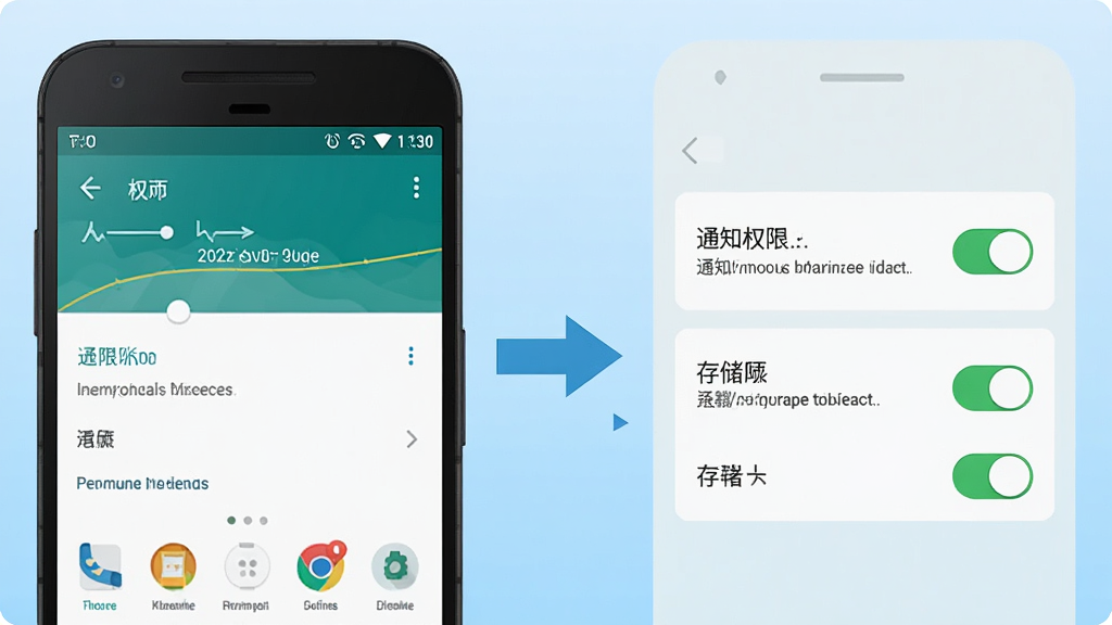 一张手机应用安装与权限设置的示意图,画面左侧为安卓手机安装界面,右侧为通知权限与存储权限开关面板,中间用箭头连接,背景为浅蓝色渐变,风格为简洁信息图插画,排版清晰,细节明确,画质高清,画面干净无多余元素