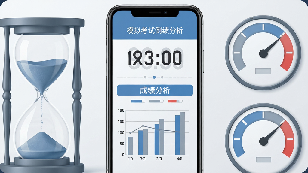 画面主体是手机屏幕显示模拟考试倒计时与成绩分析图表,旁边配沙漏与分数仪表盘元素,风格简洁商务,蓝灰配色,布局居中对称,细节清晰,画质干净,无多余元素