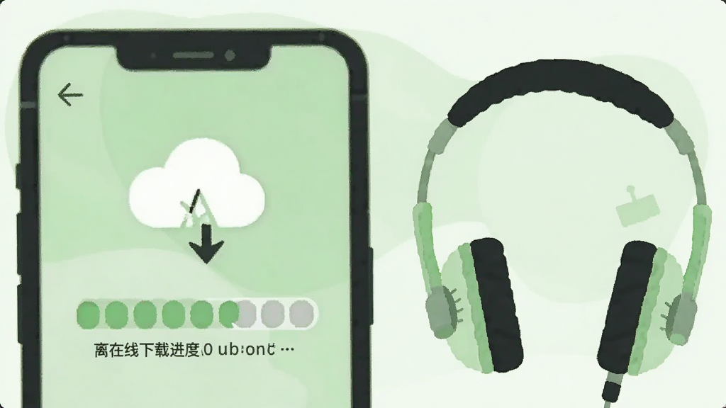 画面主体是手机屏幕显示离线下载进度条与云朵断开图标,旁边配地铁与耳机元素象征碎片时间学习,风格扁平插画,浅绿配色,布局简洁,画质干净,无多余元素