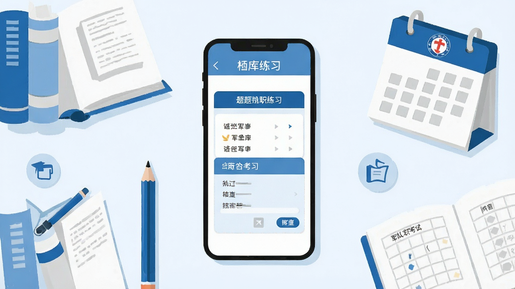 画面主体是一部智能手机竖屏置于桌面中央,屏幕内呈现题库练习界面与答题卡布局,周围环绕书本、铅笔、日历与军队文职考试相关的简约图标元素,整体采用清爽蓝白配色,扁平化插画风格,细节干净利落,画质清晰,无多余装饰元素