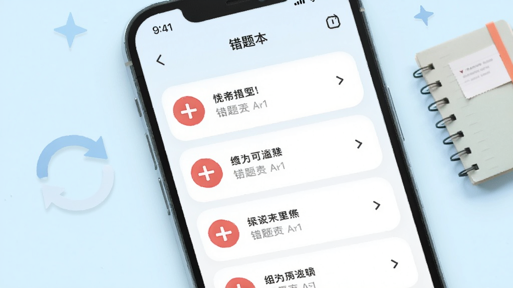 画面主体是手机界面中的错题本列表与红色标记图标,旁边配循环箭头与笔记本元素,整体风格清新浅色,圆角卡片布局,细节简洁,画质干净,无多余元素
