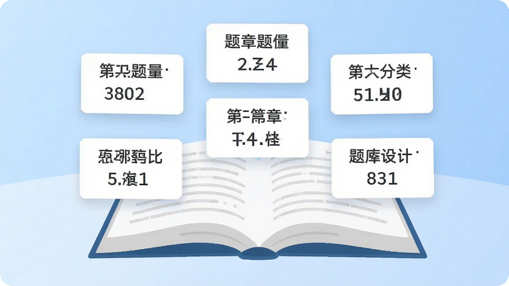 画面主体是一本翻开的题库书籍与悬浮的知识点分类卡片,卡片上标注章节名称与题量数字,背景为浅蓝色渐变,扁平化风格,排版整齐,文字清晰,画质干净,无多余元素