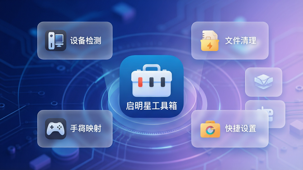 一张表现多功能集成概念的产品示意图,画面中央是“启明星工具箱”应用图标,四周环绕着设备检测、文件清理、手柄映射、快捷设置等半透明功能卡片,卡片以环形布局围绕中心图标展开,背景为深蓝到浅紫的渐变科技光效,风格现代简洁,细节上卡片边缘有柔和光晕、图标清晰锐利,画质高清、画面干净、无多余元素