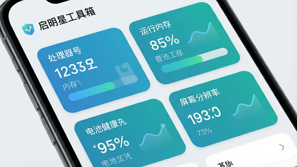 一张展示手机设备信息检测界面的产品图,画面为竖屏手机屏幕特写,屏幕上显示“启明星工具箱”设备检测页面,包含处理器型号、运行内存进度条、电池健康百分比、屏幕分辨率等数据卡片,数据以蓝绿色调图表呈现,背景为浅灰白色简洁界面,整体布局上下分区清晰,风格专业清爽,细节上进度条圆润、数字清晰,画质高清、画面干净、无多余元素