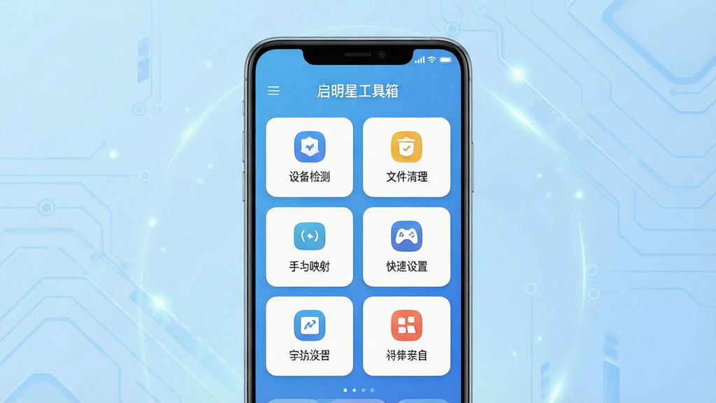 一张展示安卓手机主界面的产品展示图,画面中央是一部竖屏智能手机,屏幕上呈现“启明星工具箱”应用首页,卡片式功能图标整齐排列,包含设备检测、文件清理、手柄映射、快捷设置等模块,背景为浅蓝渐变科技风格,整体布局居中对称,风格清爽现代,细节上手机边框圆润、图标简洁扁平,画质高清、画面干净、无多余元素