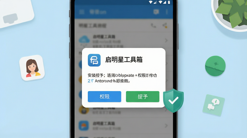 一张展示安卓手机安装应用过程的示意图,画面为手机屏幕特写,屏幕上显示“启明星工具箱”安装确认弹窗,下方有权限授予提示,旁边配有一个带对勾的盾牌图标表示安全提示,背景为浅蓝色简洁桌面,整体布局手机居中、图标点缀两侧,风格清晰直观,细节上弹窗文字清晰、按钮高亮,画质高清、画面干净、无多余元素