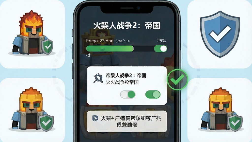 画面为一部智能手机屏幕特写,屏幕上显示火柴人战争2:帝国的安装进度条与权限授予弹窗,旁边配有一个盾牌图标和勾选标记,布局为手机居中、图标环绕四周,风格为扁平化科技插画,细节包括进度条百分比、权限开关按钮与提示文字框,画质干净清晰,无多余元素,画面中写有“火柴人战争2:帝国”字样