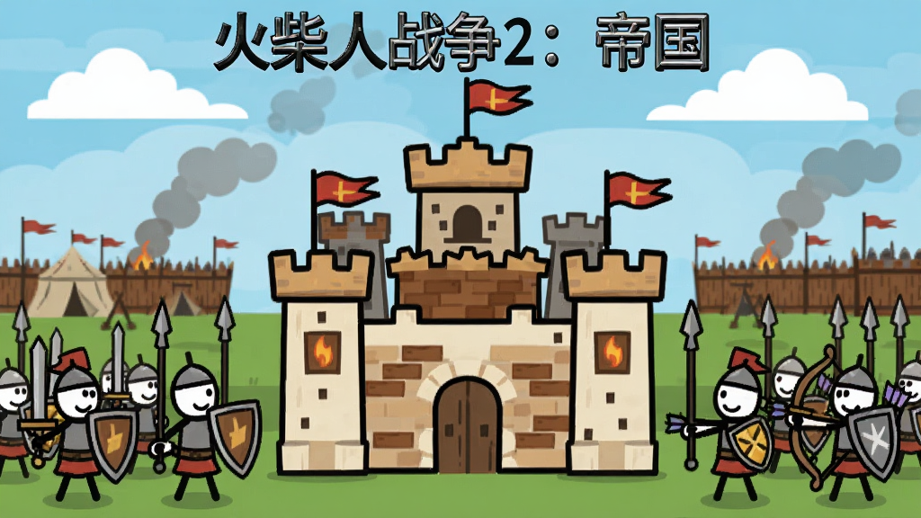 画面中央是一座火柴人风格的帝国城堡,城堡两侧排列着手持长剑、长矛和弓箭的火柴人战士,远处有敌方营地与硝烟,整体采用横向构图,主体突出城堡与军队,排版上城堡居中、士兵分列左右,风格为扁平卡通矢量插画,细节包括旗帜、盾牌纹理、城墙砖块与天空云朵,画质清晰干净,无多余元素,图片上方写有“火柴人战争2:帝国”字样