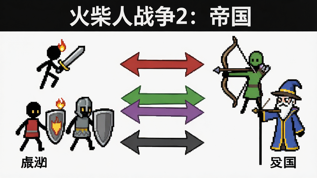 画面为一张兵种克制关系示意图,左侧是火柴人剑士与盾兵,右侧是弓箭手与法师,中间用箭头标出克制方向,布局为左右对称的对比排版,风格为简洁信息图,细节包括每个兵种的小图标、名称标签与箭头颜色区分,画质干净清晰,无多余装饰元素,图片顶部写有“火柴人战争2:帝国”