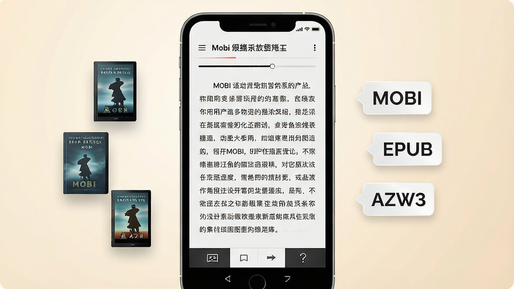 һ��չʾMobi�Ķ����ֻ����Ķ�����Ĳ�Ʒʾ��ͼ������������һ�����������ֻ�����Ļ����ʾ�������Ķ�ҳ�棬����������������������������Ű����룬�ײ��з�ҳ�ؼ����ֻ���������������������ͼ�꣬�Ҳ�Ư��MOBI��EPUB��AZW3�ȸ�ʽ��ǩ������Ϊǳ��ɫ���䣬��������ˬ��Լ��ϸ�ڸɾ������������޶���Ԫ��