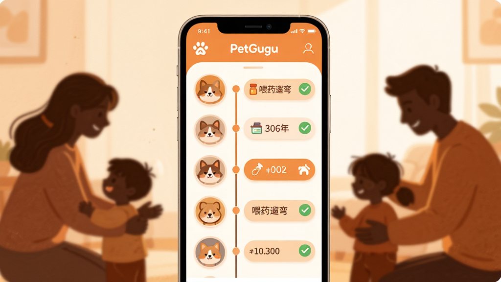����ΪPetGugu��ͥ�������ܽ��棬�ֻ���Ļ��ʾ����Ȧ��Աͷ���б�������ջ���¼ʱ���ߣ�ʱ��������