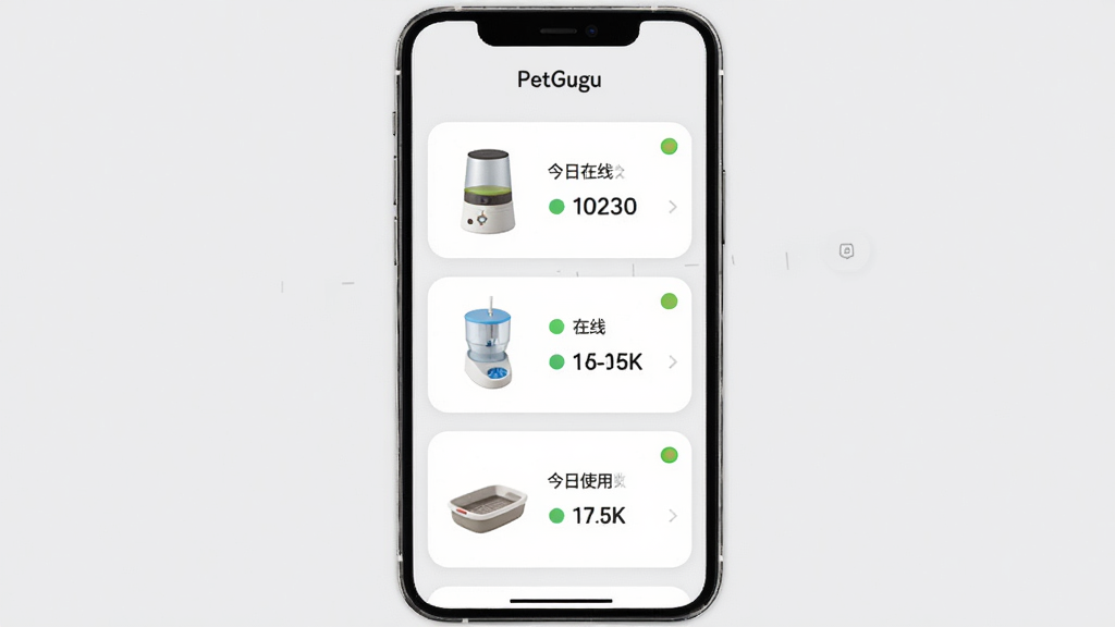 ����ΪPetGuguӦ�õĶ��豸������ҳ���棬��Ļ�ϲ���չʾιʳ������ˮ����èɰ������״̬��Ƭ��ÿ�ſ�Ƭ�����豸ͼ�ꡢ����״̬Բ�������ʹ�ô������֣�����Ϊ�ֻ����С���Ƭ���������������Ű������к����У����Ϊ��ˬ�Ŀ�ƬʽUI���ͼ��ϸ�ڰ���ǳ�ұ�������ɫ��ƬԲ�ǡ���ɫ����ָʾ����ϸ�ָ��ߣ����ʸ���ɾ��޶���Ԫ��