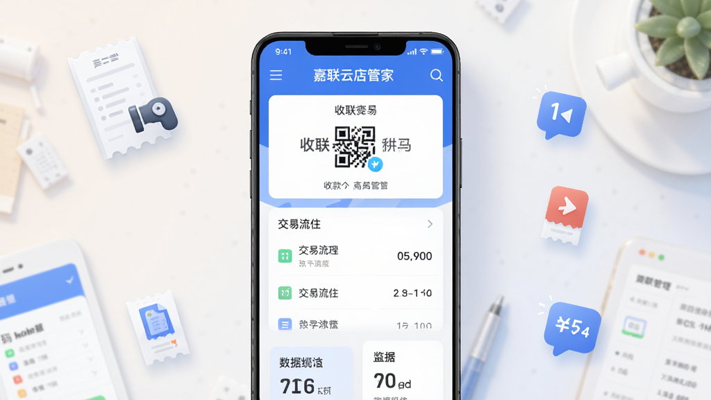 主体为一部竖屏安卓手机,屏幕上显示嘉联云店管家的商户管理界面,包含收款码、交易流水列表和数据统计卡片;布局上手机居中,背景为浅色渐变的工作台场景,周围点缀账单、收款提示等小图标;排版简洁,功能模块以卡片形式排列;风格为现代扁平化UI设计,色调以蓝白为主;细节上界面文字清晰、图标圆润、数据图表可见;画质高清、画面干净、无多余元素。
