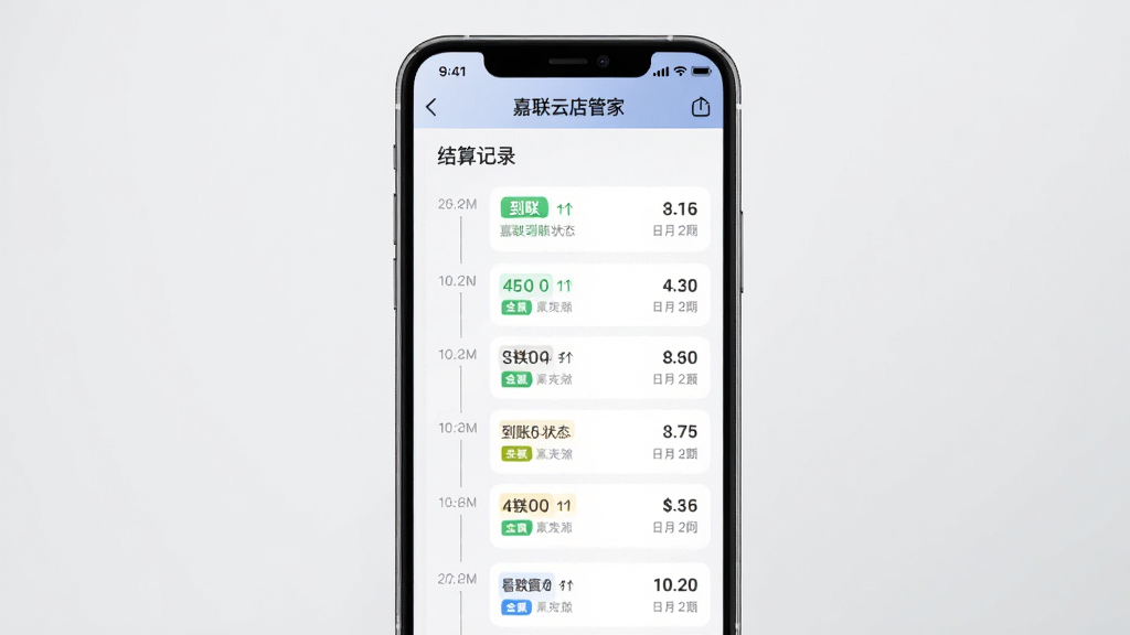 主体为手机显示嘉联云店管家的结算记录页面,布局为手机竖屏居中,背景为浅灰渐变;排版突出时间轴式记录列表;风格为简约商务风;细节包含到账状态标签、金额、日期;画质清晰、画面干净、无多余元素。