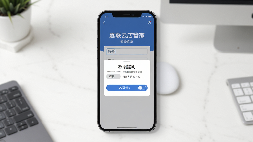主体为一部手机显示嘉联云店管家的登录页面与权限提示弹窗,布局为手机居中竖放,背景为简洁桌面;排版突出登录表单与按钮;风格为清爽扁平设计;细节包含账号输入框、密码框、权限开关示意;画质高清、画面干净、无多余元素。