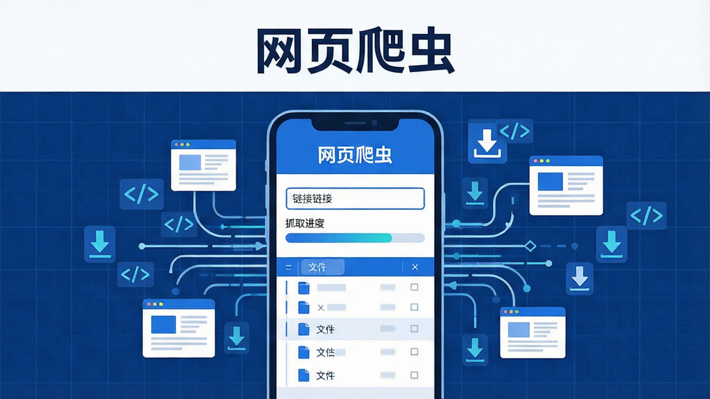 画面中心是一部智能手机,屏幕上显示着“网页爬虫”软件的操作界面,界面中包含链接输入框、抓取进度条与文件列表;手机周围环绕着数据流线条与网页图标,布局为居中构图,上方留白放置软件名称文字;风格为现代科技感扁平插画,色调以蓝白为主;细节包括细密的网格背景、悬浮的代码符号与下载箭头;画质清晰,画面干净,无多余元素