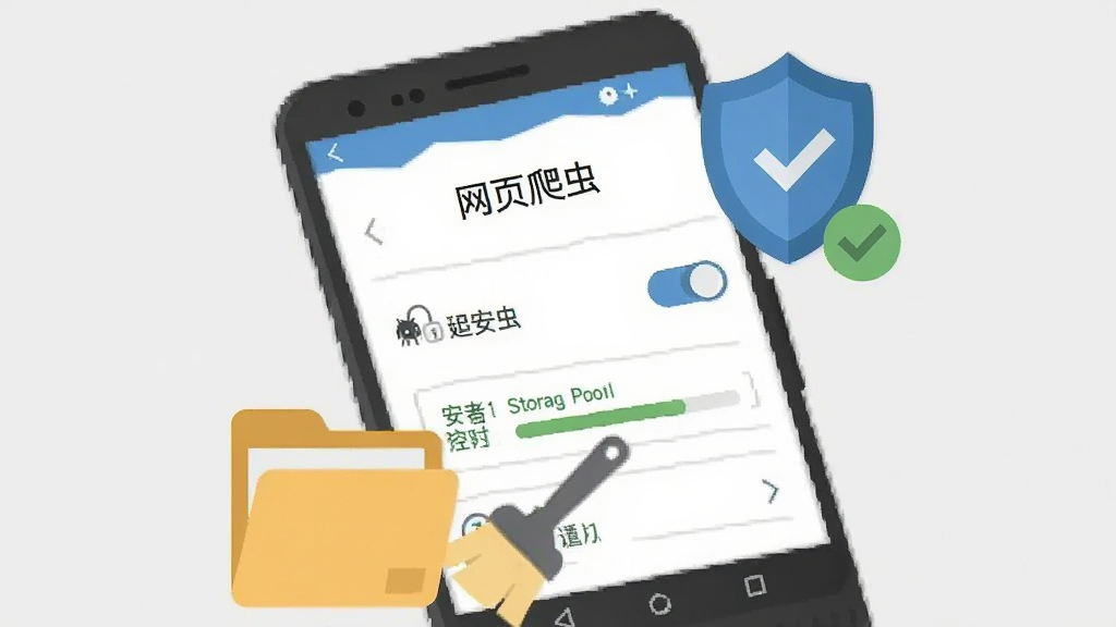 画面为一部安卓手机的特写,手机屏幕显示“网页爬虫”的权限设置页面,旁边漂浮着盾牌图标与勾选标记;手机下方放置一个文件夹图标与清理刷子;布局为竖向构图,背景为浅灰色;风格为扁平化图标插画;细节包括清晰的权限开关、安全锁符号与存储空间指示条;画质干净,无多余元素