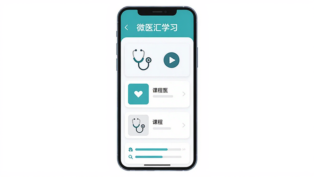 ����Ϊһ������ڷŵ������ֻ�����Ļ����ʾҽѧ�γ��б����棬�Ϸ��С�΢ҽ��ѧϰ������������Ϊ�ֻ����С��������ף��Ű������������Ϊ�ִ���ƽ��UI�廭��ϸ�ڰ���������ͼ�ꡢ���Ű�ť���γ̿�Ƭ�������������ʸ���ɾ��޶���Ԫ��