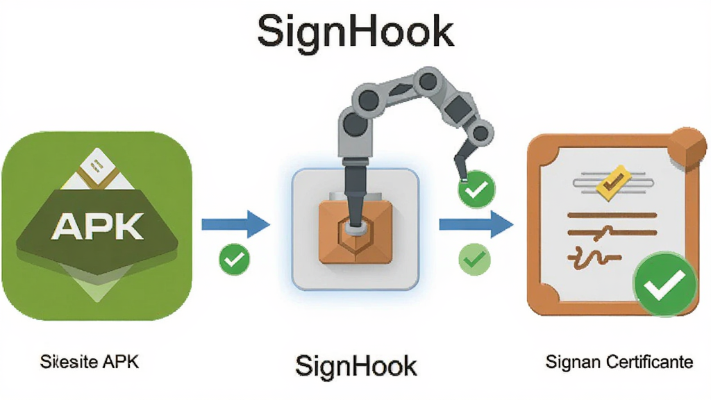 一张表现“SignHook”动态签名拦截原理的示意图,画面左侧为原始APK包裹图标,中间是“SignHook”钩子模块以机械臂形态拦截签名请求,右侧显示替换后的签名证书图标,布局为横向流程式,风格为扁平科技图解,细节包含箭头流向与校验对勾符号,画质清晰干净,无多余元素