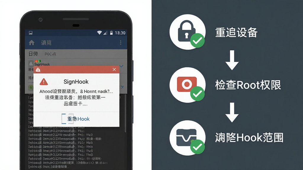 一张展示安卓手机使用“SignHook”时常见报错弹窗与解决步骤的图解插画,画面为手机屏幕特写,屏幕内显示闪退提示框与日志面板,旁边配有重启设备、检查Root权限、调整Hook范围的图标流程,布局为左右分栏,风格为扁平信息图,细节包含红色警示标识与绿色对勾,画质清晰干净,无多余元素