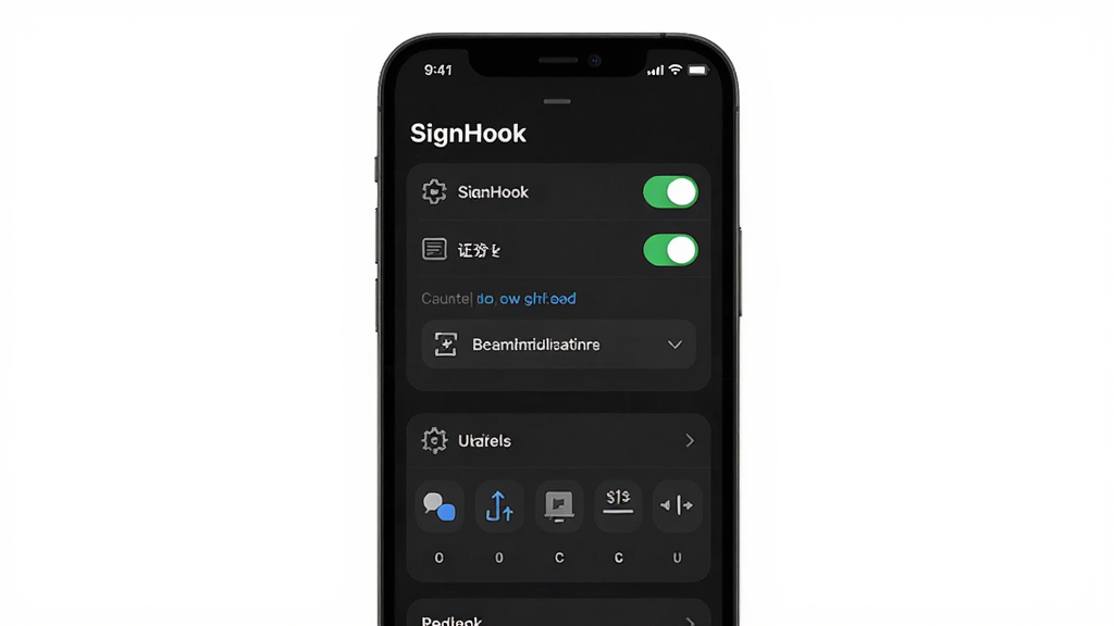 一张展示“SignHook”模块化配置界面的手机UI概念图,画面为深色主题的设置列表,包含开关按钮、证书路径选择项与优先级排序图标,布局为竖屏手机界面居中展示,风格为现代简洁UI设计,细节包含清晰的文字标签与图标,画质清晰干净,无多余元素
