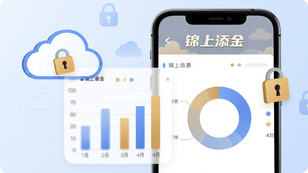 手机屏幕展示“锦上添金”的统计页面,柱状图与环形图清晰可见,旁边漂浮着数据备份的云朵图标与锁形安全标识,背景为淡蓝色渐变,扁平科技插画风格,构图均衡,细节干净,画质细腻,无多余装饰