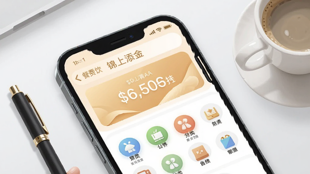 一部手机屏幕特写,画面中“锦上添金”的记账界面正在输入一笔餐饮消费,金额数字醒目,下方分类图标排列整齐,背景为干净的浅灰桌面,旁边放着一支笔和一杯咖啡,现代简约插画风格,色彩柔和,细节精致,画质清晰,无杂乱元素