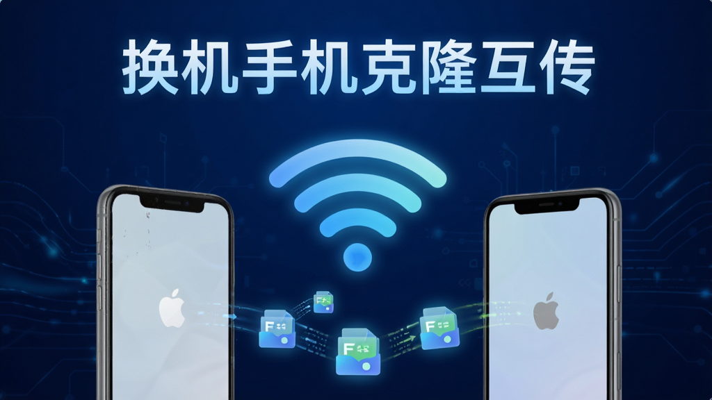 画面中央是两部手机通过发光的Wi-Fi信号波纹相互连接,上方漂浮着“换机手机克隆互传”软件名称字样,下方有数据包图标从旧手机飞向新手机,背景为深蓝色科技感渐变,风格简洁现代,主体突出,高清画质,干净无杂乱元素