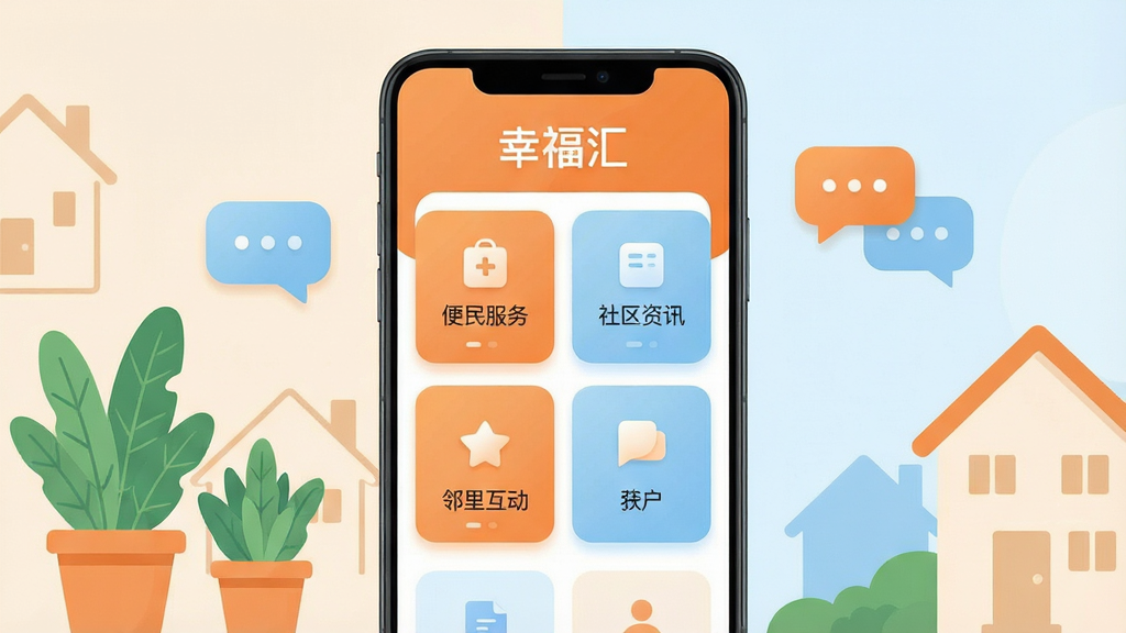 画面主体为一部竖屏安卓手机,屏幕中央展示“幸福汇”应用主界面,包含便民服务、社区资讯、邻里互动等卡片式功能入口;布局采用居中对称构图,手机两侧点缀柔和的生活场景插画元素,如绿植、房屋轮廓与对话气泡;排版简洁清爽,主标题“幸福汇”置于画面顶部居中位置;风格为现代扁平化插画风,色调以暖橙与浅蓝为主;细节包含圆角图标、清晰的功能分区与柔和阴影;画质高清,画面干净,无多余元素